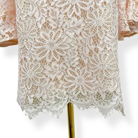 Nanette Lepore Floral Lace Crew Neck Bell Sleeve Top Shirt Large Light Pink - Picture 12 of 14